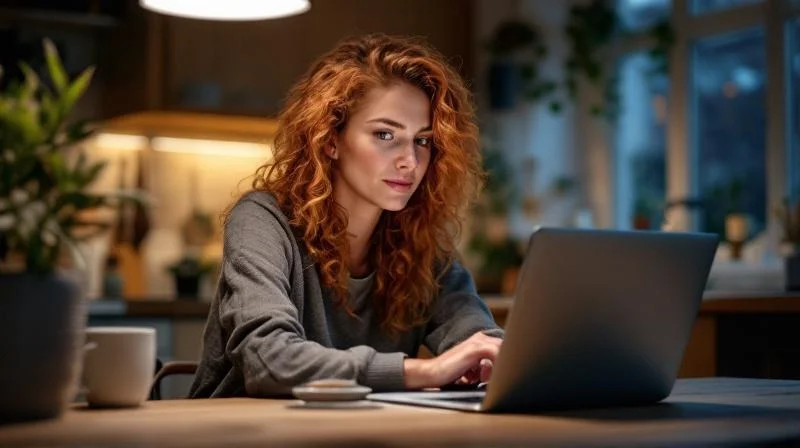 Frau studiert am Abend am Laptop in einer ruhigen Kueche in Osnabrück