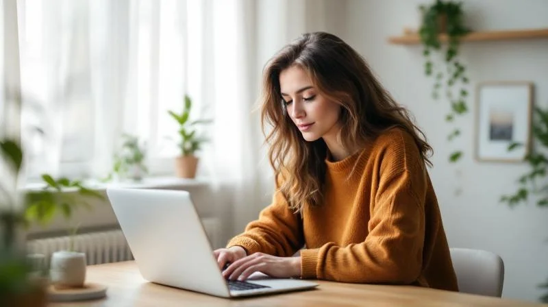 Frau mit Headset arbeitet konzentriert am Laptop in einem hellen Homeoffice in Osnabrück