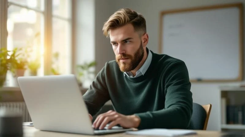 Mann arbeitet konzentriert am Laptop in einem hellen Raum in Osnabrück