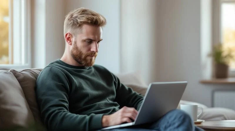 Mann lernt am Laptop in einem hellen Wohnzimmer mit Blick auf Osnabrück
